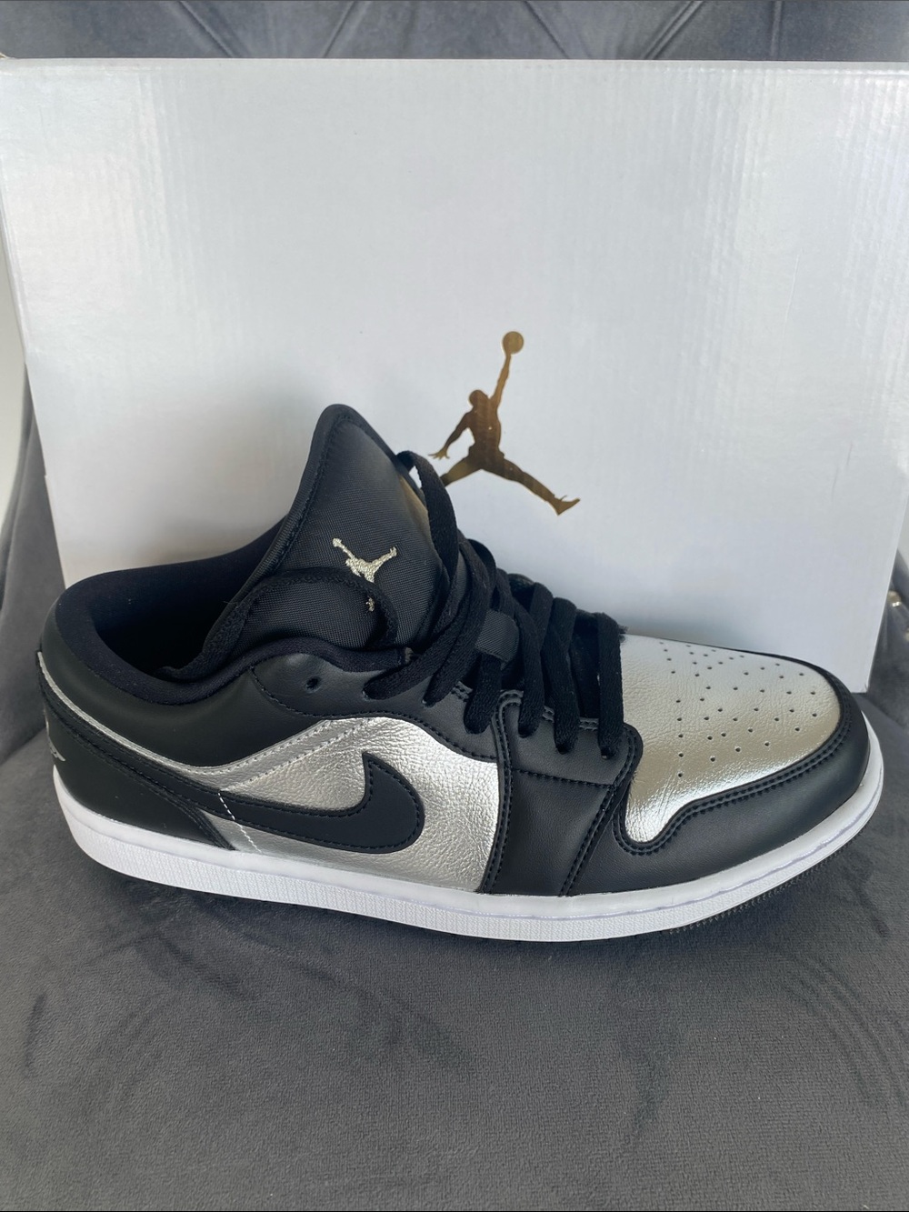 NWT Women’s Jordan 1 Low SE Black and Metallic Silver Low Top Sneakers - Picture 13 of 17